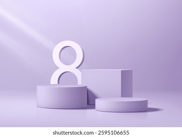 Purple 3D podium background with 8 number in Women International day theme. Minimalist mockup pedestal, Abstract stand product display presentation, Stage showcase. Platforms vector geometric design.