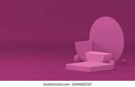 Purple 3d podium geometric pedestal trendy showroom studio background realistic vector illustration. Violet advertising display squared stand with round wall backdrop minimalist shopping sale showcase