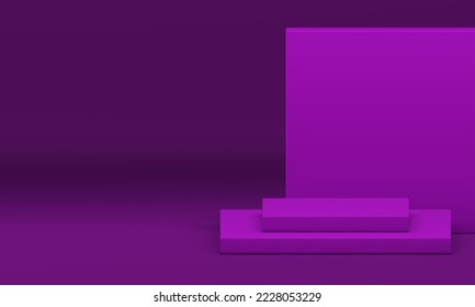 Purple 3d podium level stage squared foundation product promo studio background realistic vector illustration. Pedestal stand basic construction decorative award arena geometric figure interior design