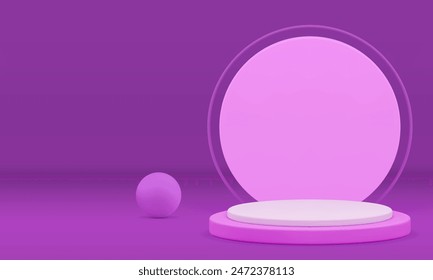 Purple 3d podium pedestal geometric display mock up for product show realistic vector illustration. Violet showroom white cylinder stand with circle wall background and decorative sphere
