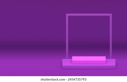 Purple 3d podium pedestal squared stand for product presentation realistic vector illustration. Violet empty showroom interior promo stage with geometric frame wall background advertising space