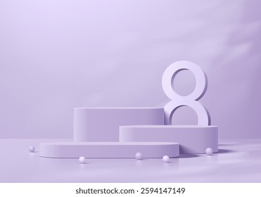 Purple 3D round podium background with 8 number in Women International day theme. Minimalist mockup pedestal, Abstract product display presentation, Stage showcase. Platforms vector geometric design.