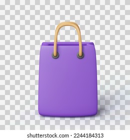 Purple 3D shopping bag. Realistic cartoon gift bag front view. Isolated vector ilustration