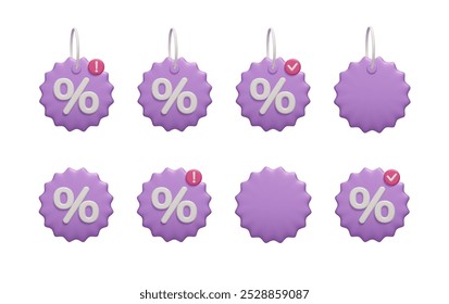 Purple 3D special offer discount price tag vector icon set. Promotion label with percent sign and different notifications isolated on white 3D render. Online shopping banners, summer sale discounts.