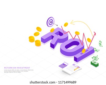 Purple 3D Text ROI On White Background With Infographic Elements And Coin Stack For Return On Investment Concept Based Web Template Design.