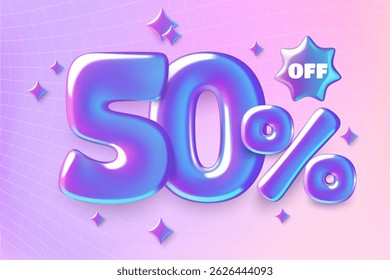 Purple 50 percent off. Discount banner with 3d iridescent foil numbers on gradient background. Vector illustration.