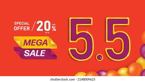 Purple 5.5 texto 3D se coloca en el fondo naranja y tiene un globo flotando en torno a una mega venta plantilla de diseño de promoción día 5 mes 5 con una promoción de descuento del 20%,vector para el diseño de publicidad