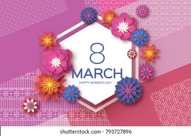 Purple 8 March. Gold Purple Happy Women's Day. Mother's Day. Paper cut Floral Greeting card.origami flower. ext. Hexagon frame. Spring blossom. Seasonal holiday.Modern decoration. traditional pattern.