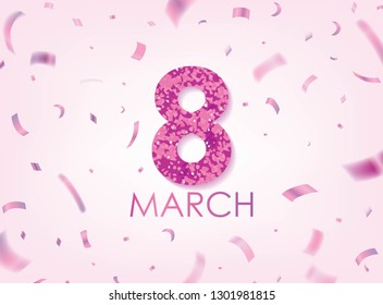 Purple 8 March with Scattered Purple Confettis. International Women's Day Vector Design.