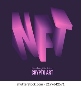 Purple abbreviation NFT text  of a 3D illustration non-fungible token crypto art on dark background. Vector cryptocurrency
