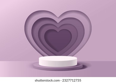 Purple abstract 3D scene for display products background, White and purple cylinder podium showcases product behind a wall through heart shape overlapping, Vector illustration