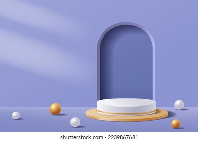 Purple abstract 3D scene for mockup, White and gold cylinder podium for display product presentation background, Vector illustration