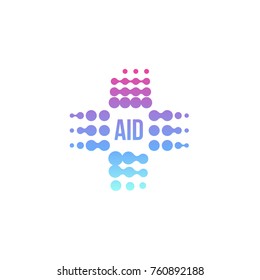 Purple abstract aid cross logo, vector medical sign.