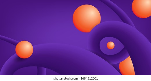 Purple abstract background 3D. Wallpaper in realistic style. Violet vector illustration with orange spheres. Modern banner. Perspective background. Design card, brochure, cover, booklet, template.