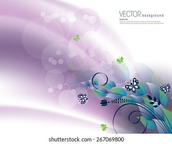 Purple Abstract Background with Bright Leaves and Butterflies.