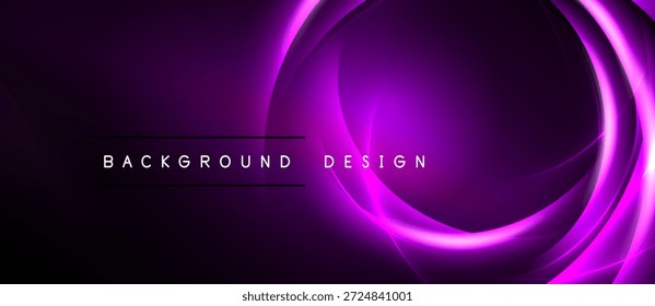 Purple abstract background. Concentric glowing lines create dynamic visual effect. Dark space surrounds bright central design elements.