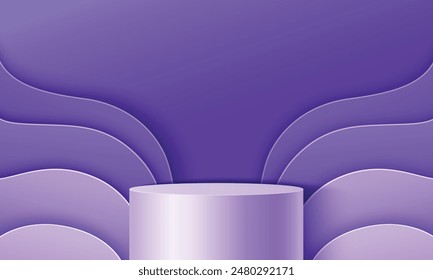 Purple abstract background with cylinder product podium and geometric fluid wave layers elements on wall for promo. Realistic 3d violet bg with showcase pedestal. Goods display platform.