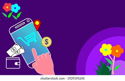 Purple abstract background design with money wallet and flowers hand market illustration. Trendy business template with writing space. contemporary creative and futiristic design