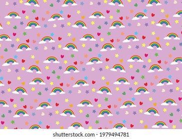 Fondo de resumen púrpura.
Un dibujo de un arcoiris y una nube Con patrones de corazones y estrellas usados para bellas envolturas de regalo de papel o papel pintado. Ilustración del vector