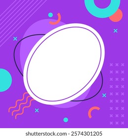 Purple abstract background featuring a prominent white oval frame, complemented by various geometric shapes, including circles, lines, and crosses, creating a vibrant and dynamic visual