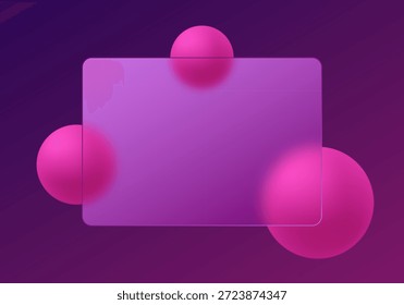 Fondo abstracto púrpura con el panel de cristal y las esferas rosadas 3D. Eps 10