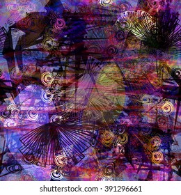 Purple abstract background with leaves, feathers, wavy lines and scratches. Easy to edit background. Elements of randomly mixed. Watercolor effect and blur. For Boho design