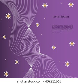 Purple abstract background with nice flowers daisies and smooth lines. Vector background for placing of your text