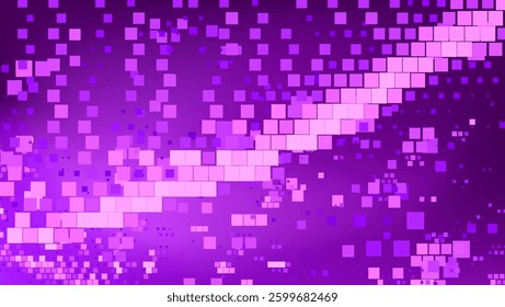 Purple abstract background with scattered magenta and violet squares. This digital-themed pattern exudes a vibrant and modern technological essence.