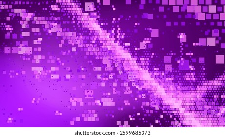 Purple abstract background with scattered magenta and violet squares. This digital-themed pattern exudes a vibrant and modern technological essence.