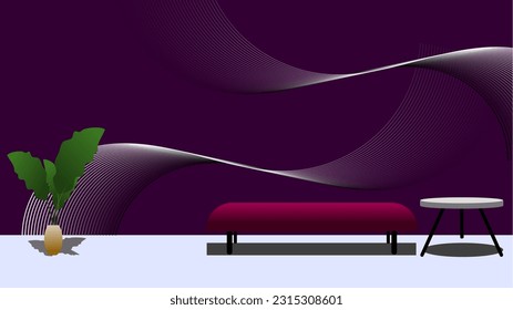 Purple abstract background vector design. Template for promotion your product. Waiting room illustration vector design with chair, desk and flower.