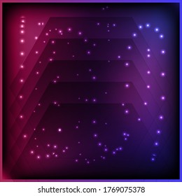 Fondo púrpura abstracto, con pentagones superpuestos y círculos blancos en estilo vectorial.