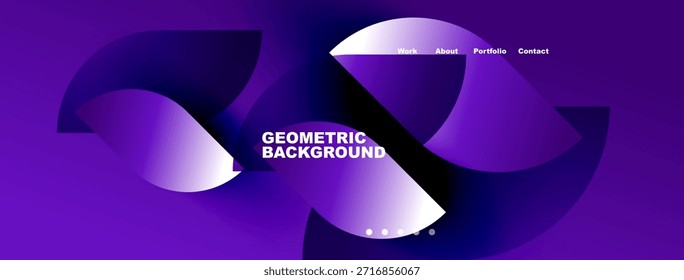 El diseño abstracto púrpura presenta Formas fluidas, fondo geométrico de lectura de texto, más enlaces de navegación, información, Cartera, contacto.