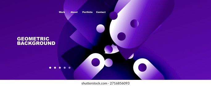 Purple abstract design features geometric shapes, circles, text elements. Navigation menu present at top. Modern, vibrant aesthetic.