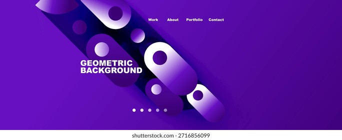 El diseño abstracto púrpura presenta Formas geométricas, texto, menú de navegación. Estética moderna, colores vibrantes, diseño simple.