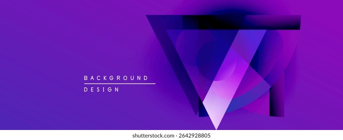 Purple abstract design features layered geometric shapes. Gradient effect creates depth, modern aesthetic. Text reads background design.