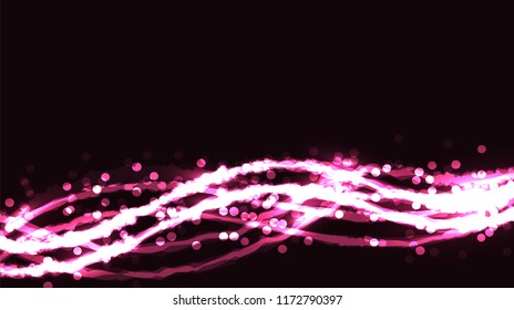 Purple abstract digital high-tech magical cosmic energy bright colorful motley light-shining texture background of neon blurred lines of waves of strips with bokeh effect and copy space. Vector.