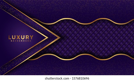 purple abstract dimensions with textured background. with golden curved lines. Realistic overlap layers texture with golden lights and golden glitters element decoration.