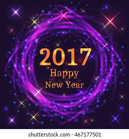 Purple abstract fireworks circle with New Year 2017. Vector illustration.