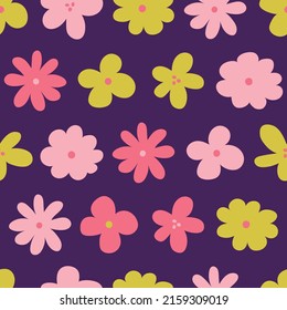 Purple abstract floral seamless pattern design. Cute isolated flowers in pink and yellow tones. Perfect for botanical and floral projects. Matching patterns available. 