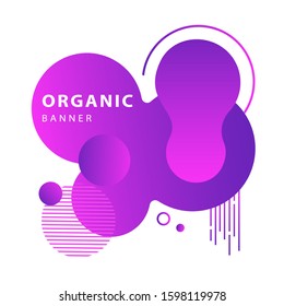 Purple abstract fluid circles. Flowing liquid shapes, dynamical elements, hatching forms. Template for posters, flyers, banners. Vector illustration