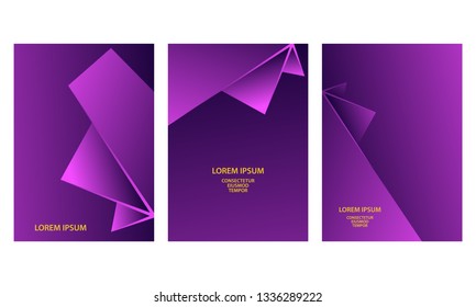 Purple abstract geometric backgrounds set. Abstract triangular shapes with gradients for banner, cover, flyer, announcement, invitation.