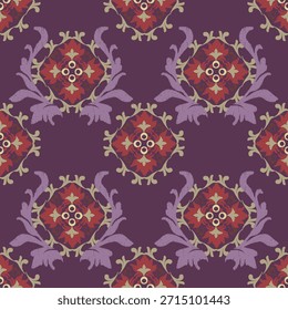Púrpura abstracto ikat fondo sin fisuras con flores decorativas. Ilustración vectorial Ikat. Ikat estilo vintage oriental. Relación textil, Fondo de pantalla, azulejos, cortinas, alfombras, mantas y decoración del hogar. 