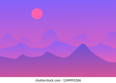 Purple abstract landscape with sun and mountains. Vector illustration