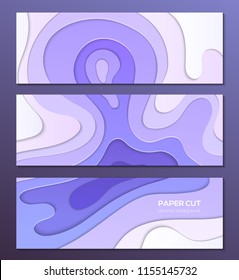 Purple abstract layout - set of modern colorful vector posters on dark background with place for your information. Paper cut, carving art effect. Three banners, flyer, card, invitation templates