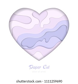 Purple abstract layout - vector paper cut banner in a heart shaped frame on white background with place for your information. Lavender colors. High quality carving art, flyer, romantic card template