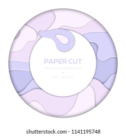 Purple abstract layout - vector paper cut banner in a round frame on white background with place for your information in center. Lovely lavender color. High quality carving art, invitation template
