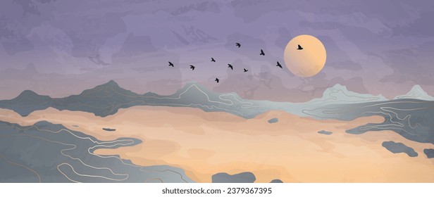 Purple abstract mountain vector art background with flying birds. Oriental luxury landscape background design with watercolor brush texture. Wallpaper design, Wall art for home decor and prints.	