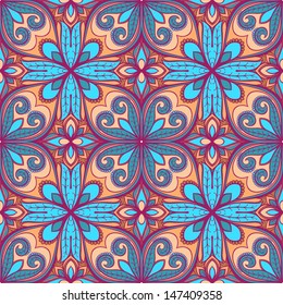purple abstract nature pattern on a blue and orange flowers. vector illustration 