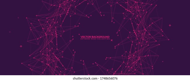Purple Abstract Network Mesh with Your Text. Geometric connected line and dots. Wide Technology Purple Vector Background