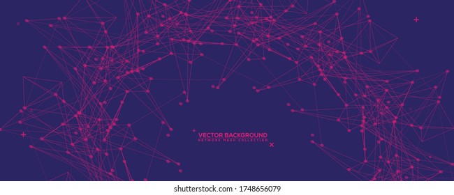 Purple Abstract Network Mesh with Your Text. Geometric connected line and dots. Wide Technology Blue Vector Background